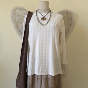Minimalist Everyday White Waffle Knit Long‎ Sleeve Top Size Loose Momcore Retro